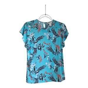Liz Claiborne Womens Top Size Petite Small Short Sleeve Stretch Blue Floral